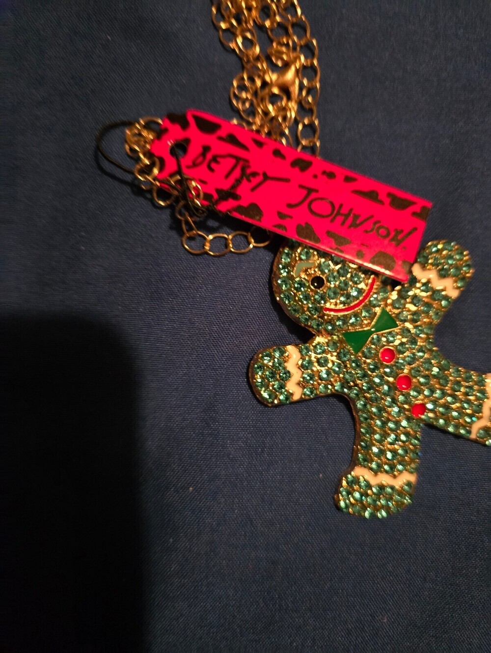 Betsey Johnson Green Rhinestone Gingerbread Man Pendant Necklace